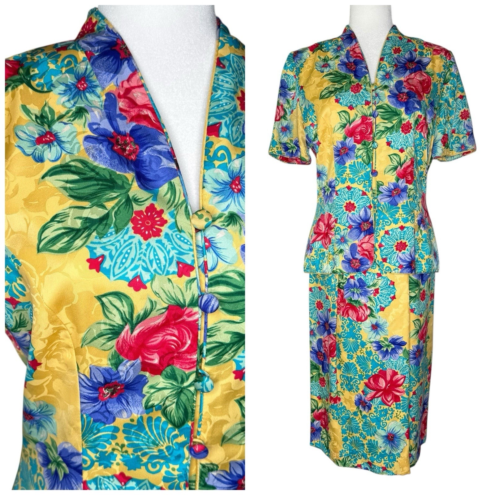 Adrianna Papell Size 6 Vintage Two Piece Skirt Top Suit Set 100% Silk Floral